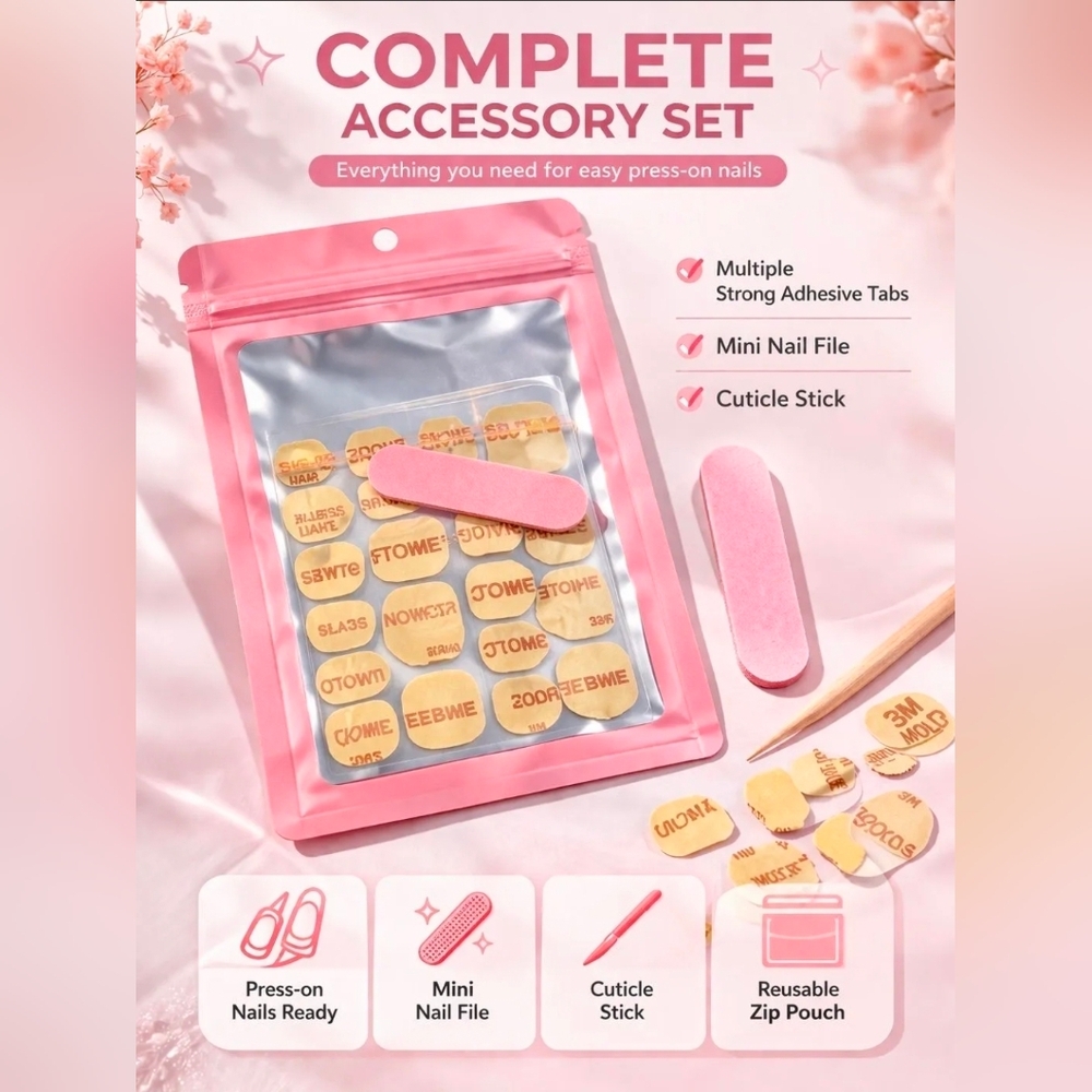 Press-On Nail Adhesive Tabs Kit with Pink Mini File